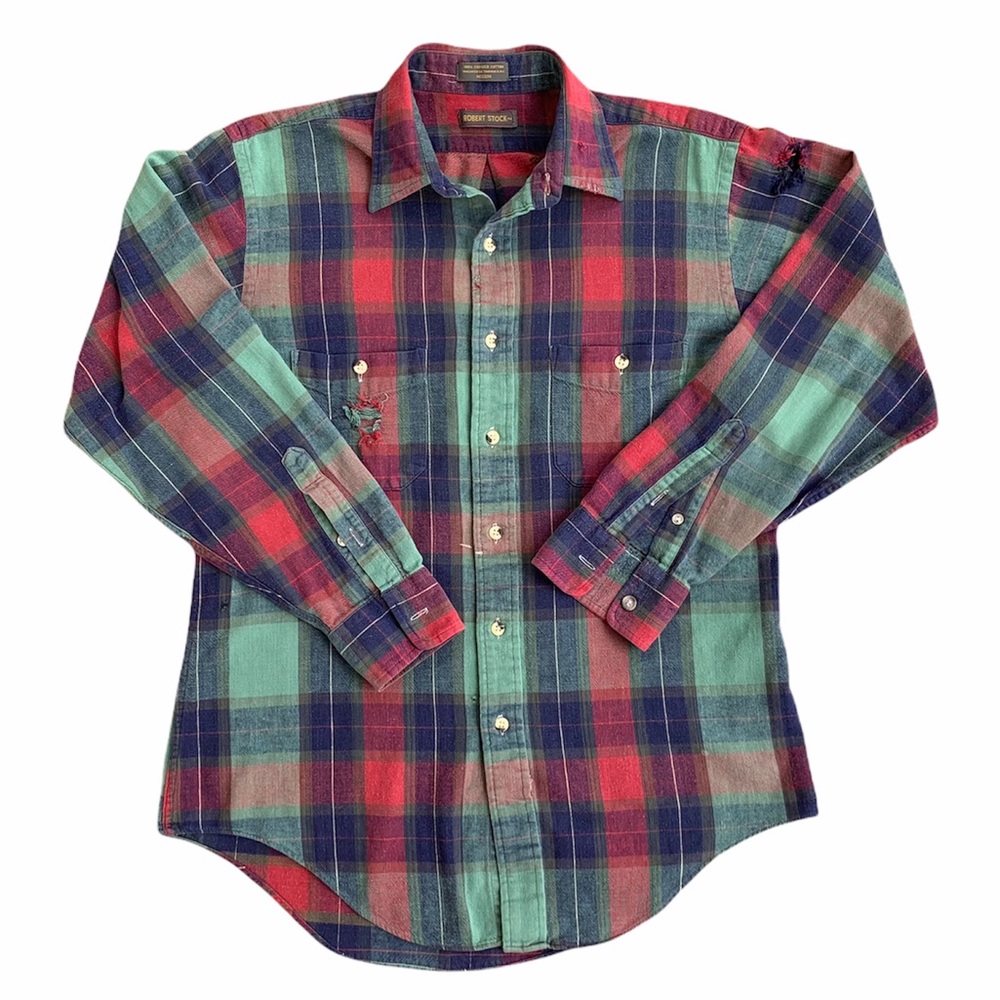Vintage Robert Stack Distressed Plaid Flannel Shirt Long Sleeve Unisex